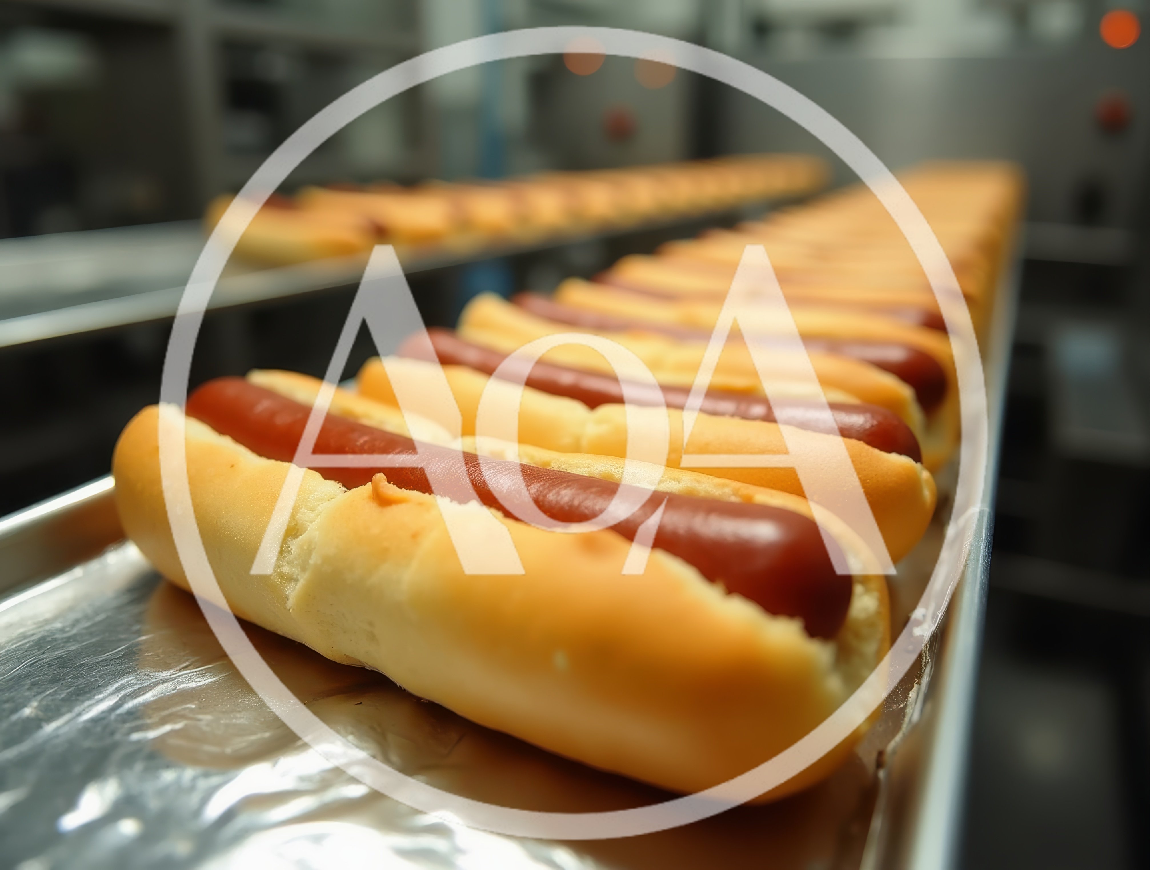 Rows of Hot Dogs on Industrial Baking Trays
