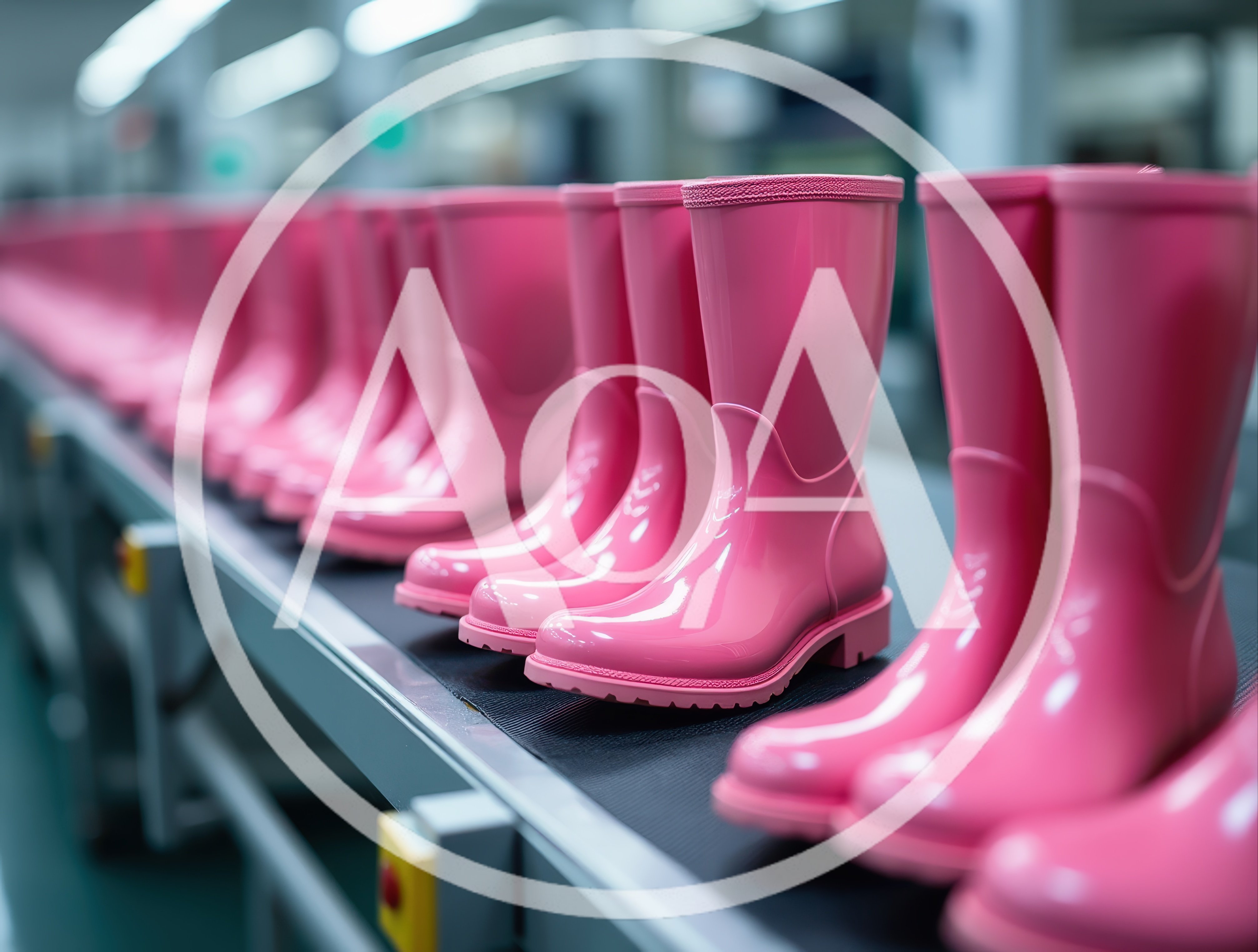 Pink Rubber Boots Moving Along Factory Conveyor Belt
