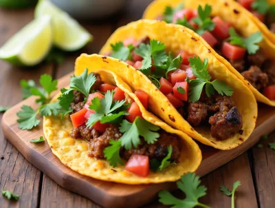 Three Beef Tacos With Cilantro And Tomato