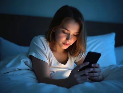 Young Woman Using Smartphone In Bed At Night
