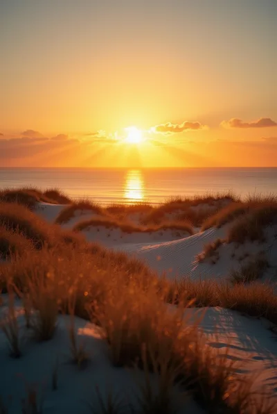Golden Sunset Over Coastal Sand Dunes