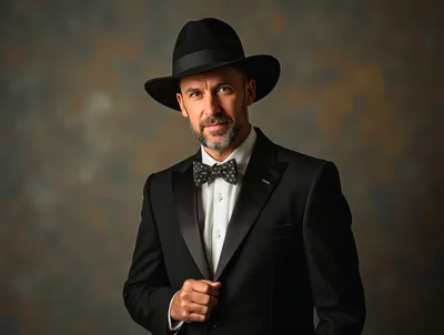 Sophisticated Man In Tuxedo And Fedora Hat