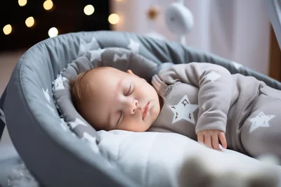 Sleeping Newborn Baby In A Cozy Gray Bassinet