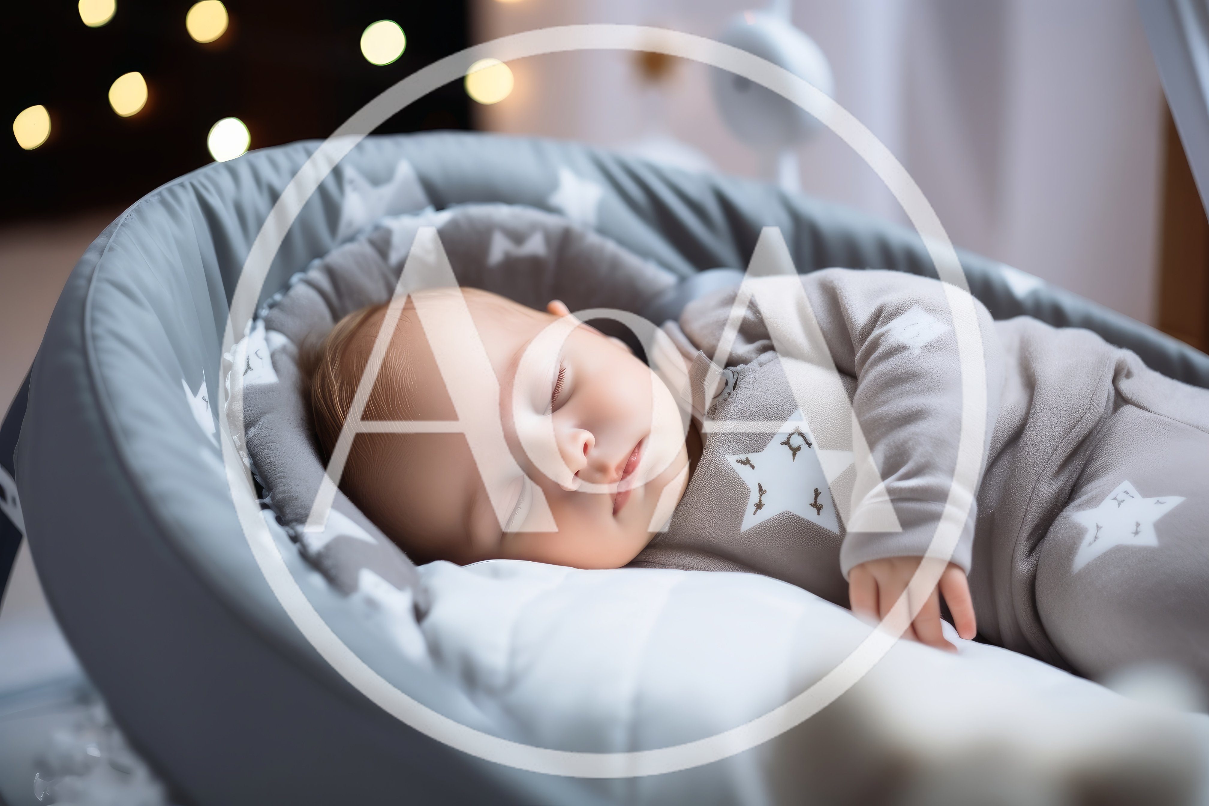 Sleeping Newborn Baby In A Cozy Gray Bassinet
