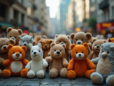Group Of Teddy Bears Sitting On City Street