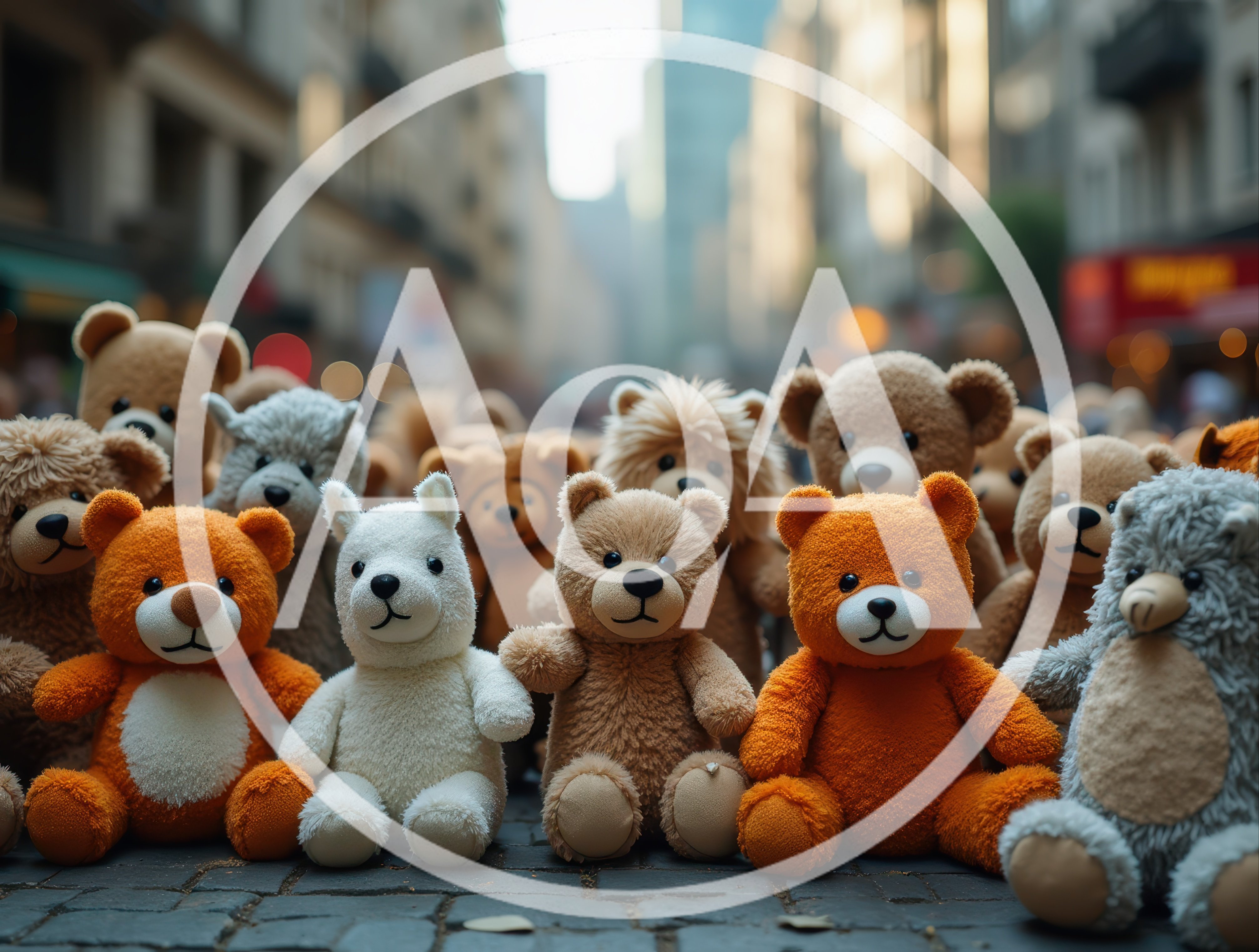 Group Of Teddy Bears Sitting On City Street