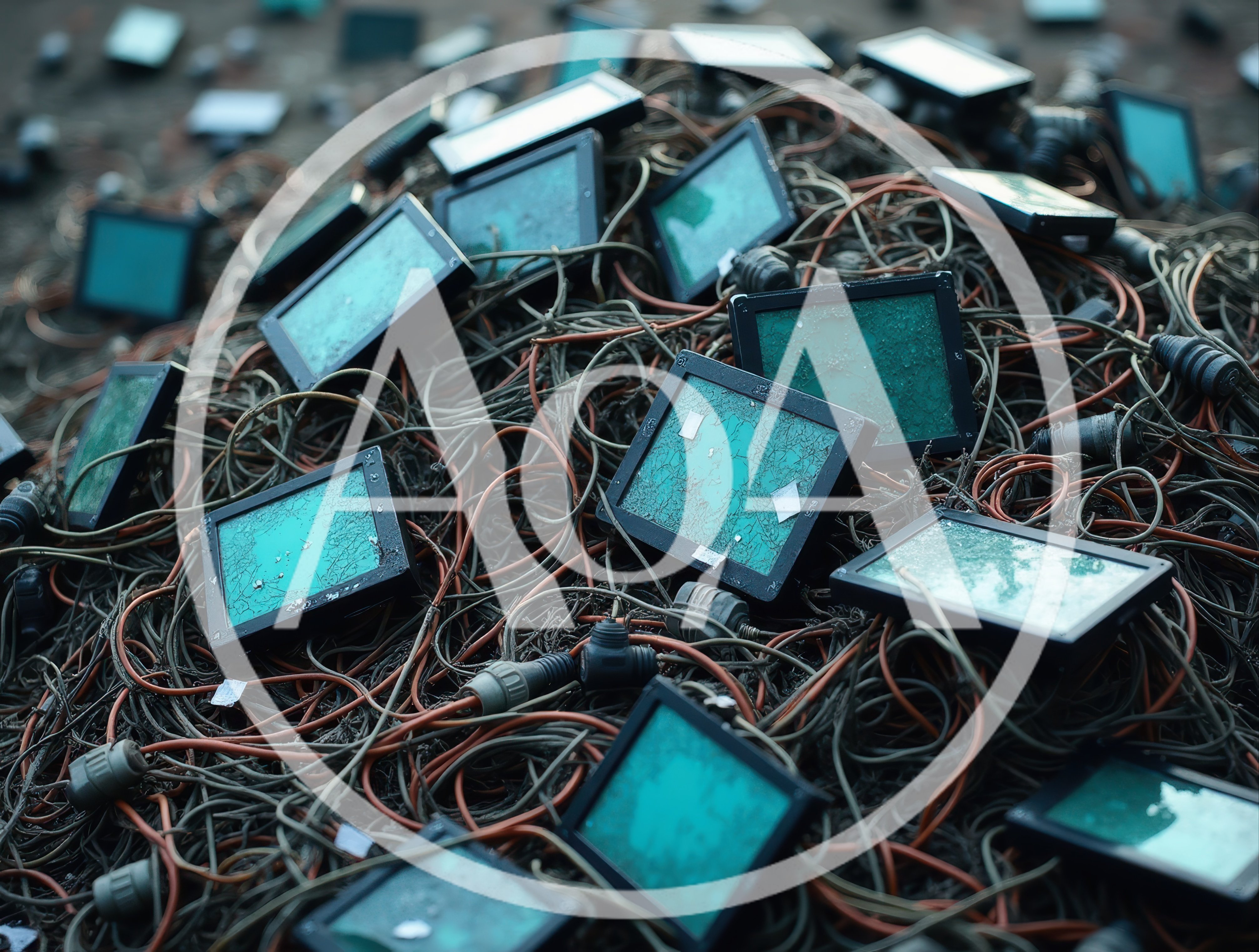 Pile Of Discarded Electronic Floodlights And Tangled Cables