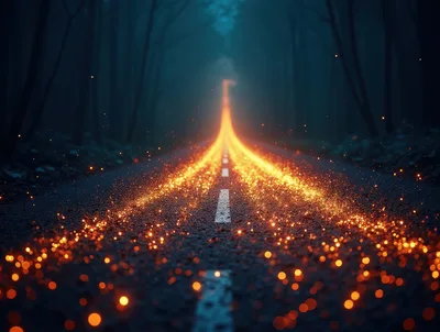 Glowing Golden Light Particles On A Dark Forest Road