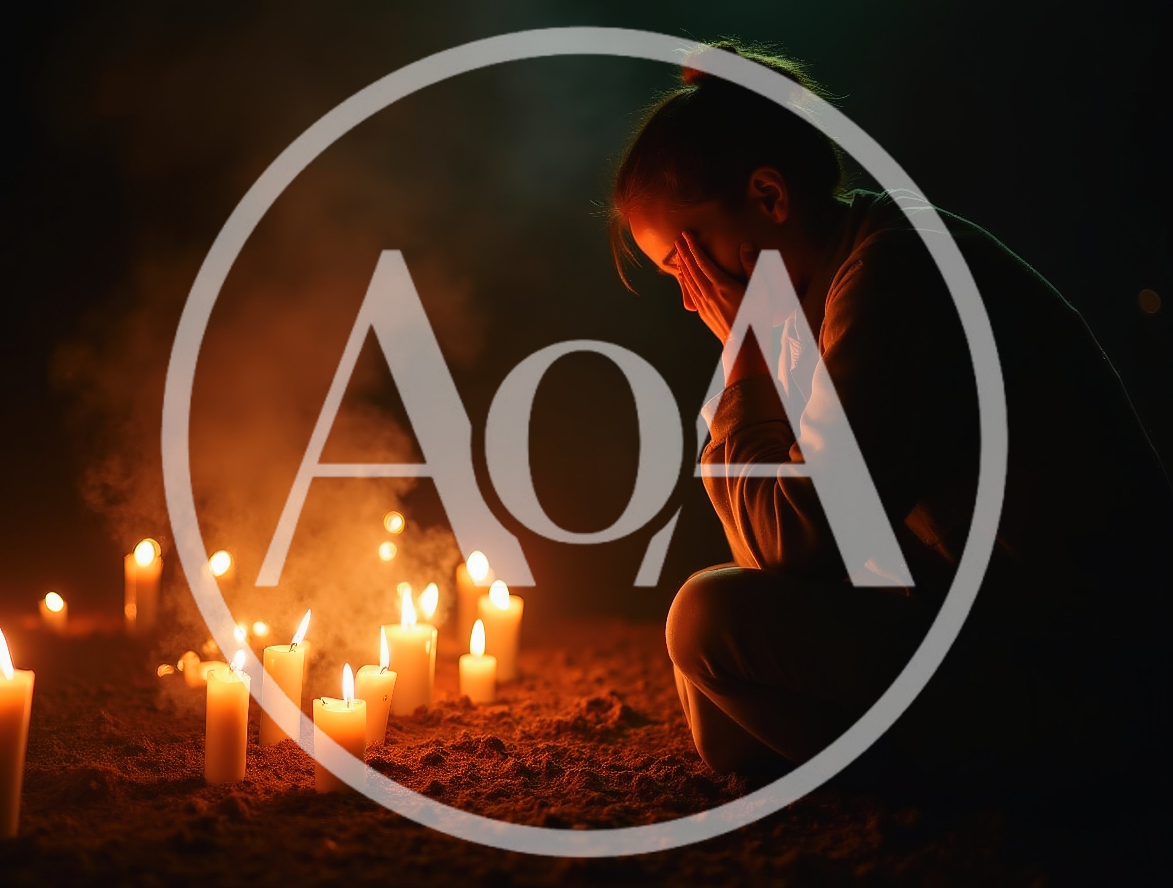Grieving Woman Kneeling Beside Lit Candles in Darkness
