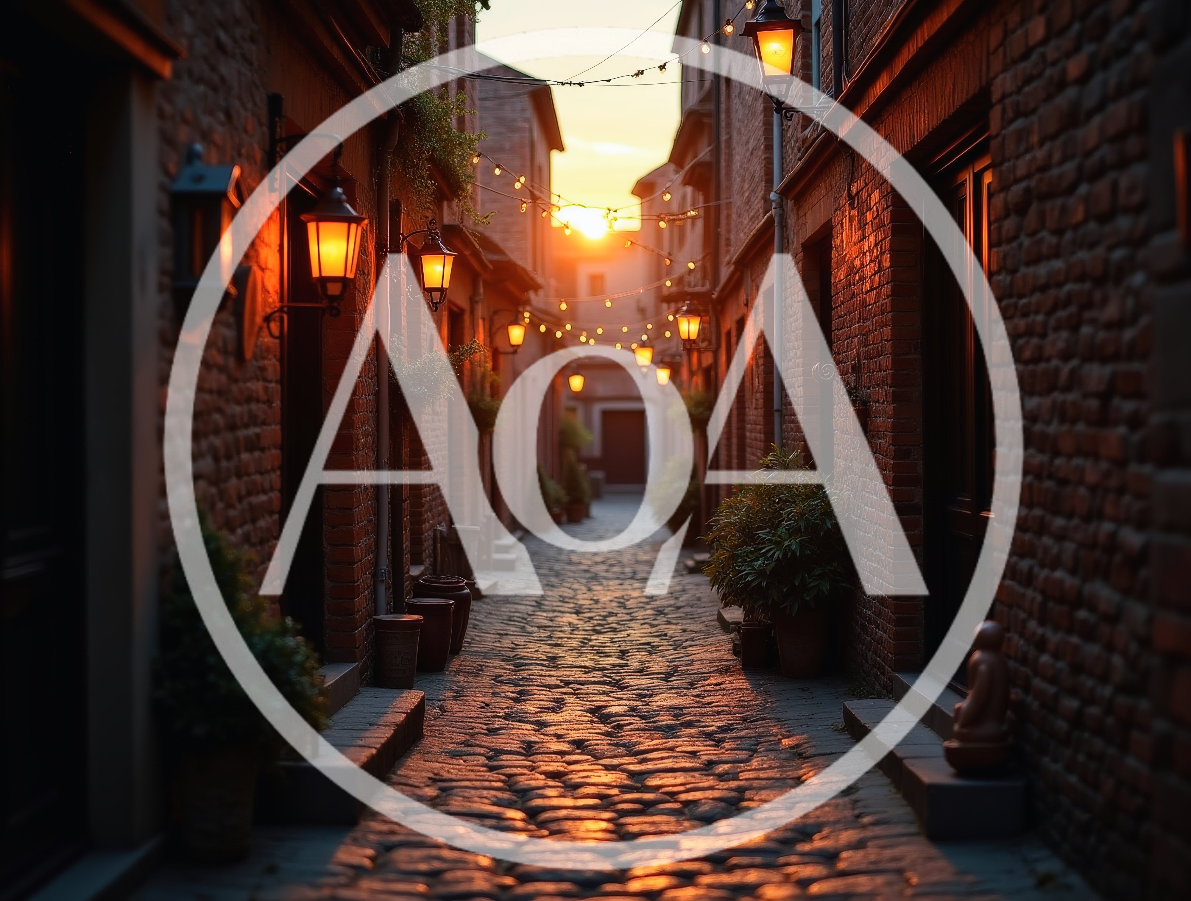 Narrow Cobblestone Alleyway At Sunset With String Lights