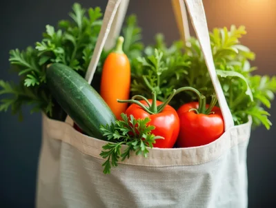 Fresh Vegetables In A Reusable Canvas Grocery Bag