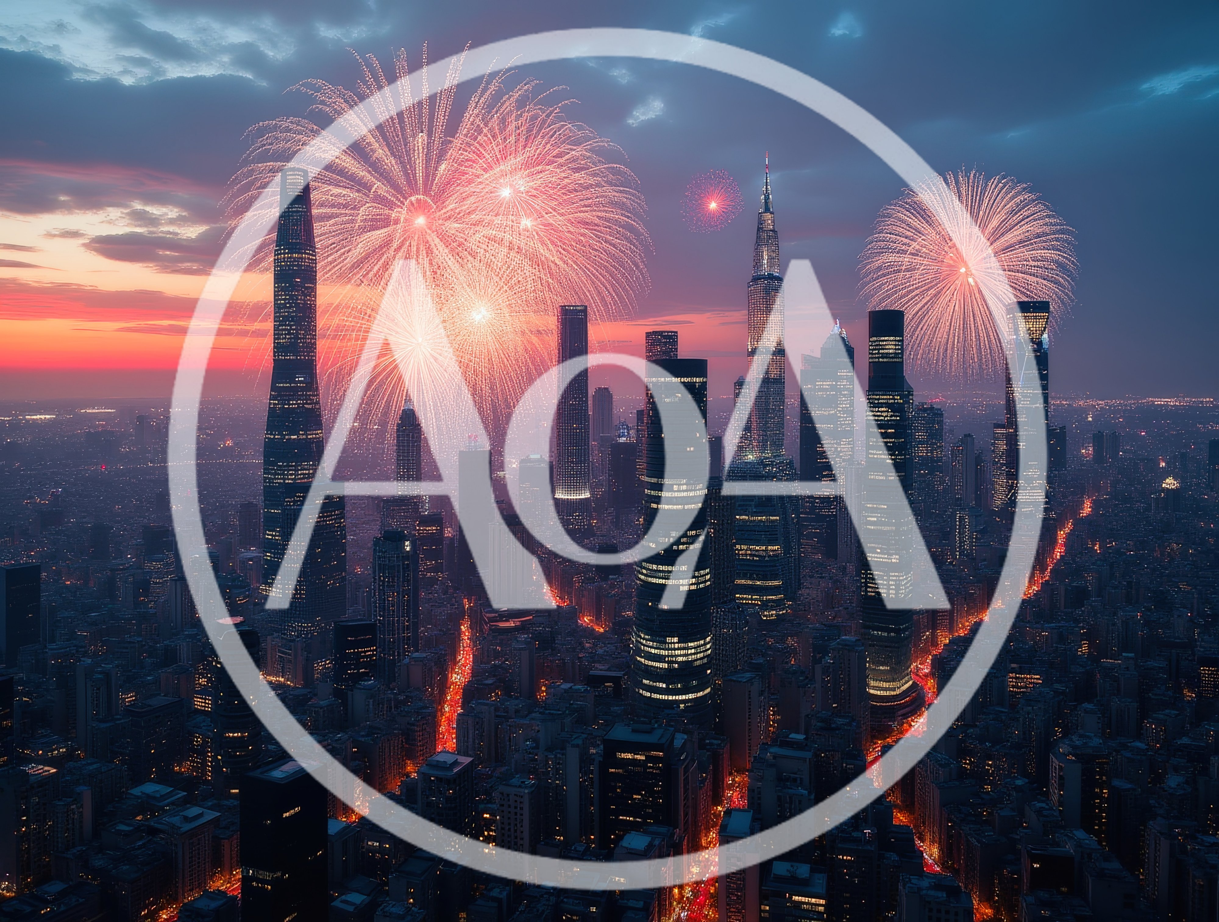 Fireworks Display Over A Modern Metropolitan Skyline At Sunset