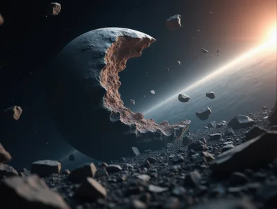 Crescent Shaped Asteroid Floating In Deep Space