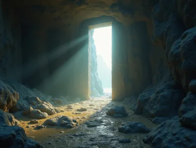 Sunlight Streaming Through A Stone Cave Entrance