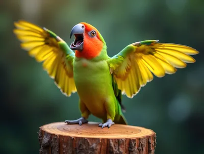 Vibrant Lovebird Perched On Tree Stump With Wings Spread