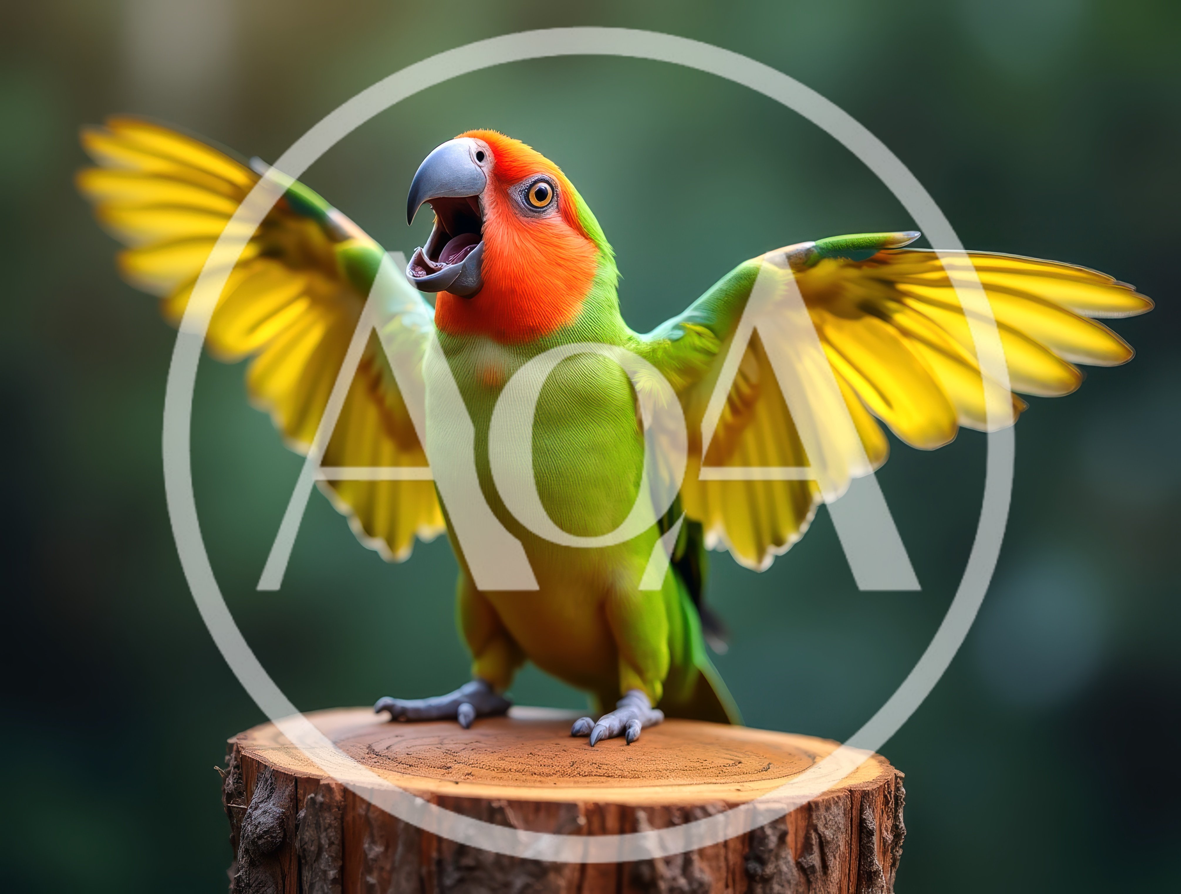 Vibrant Lovebird Perched On Tree Stump With Wings Spread