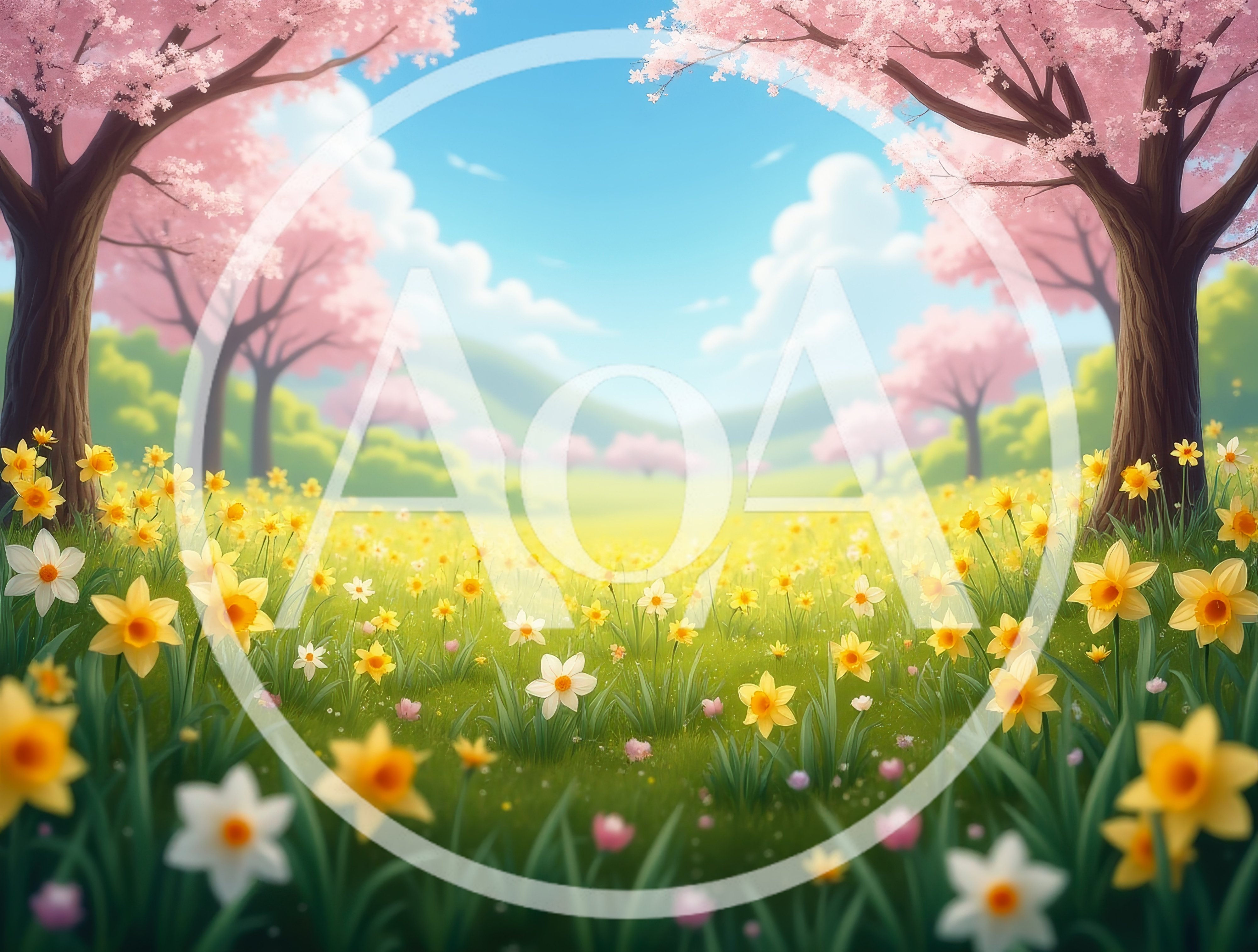 Spring Landscape With Blooming Daffodils And Cherry Blossom Trees