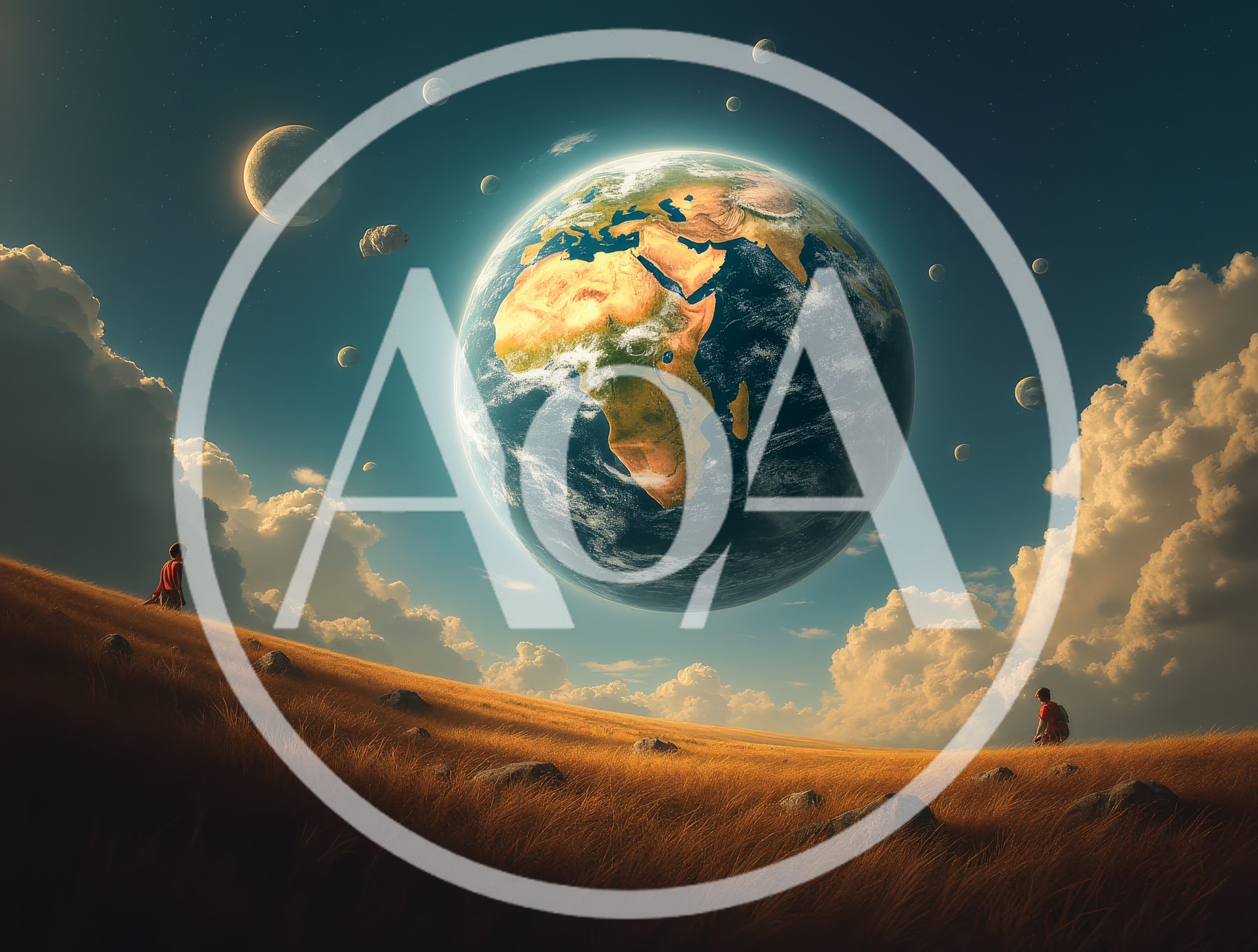Two Children Standing In A Golden Field Under A Planet
