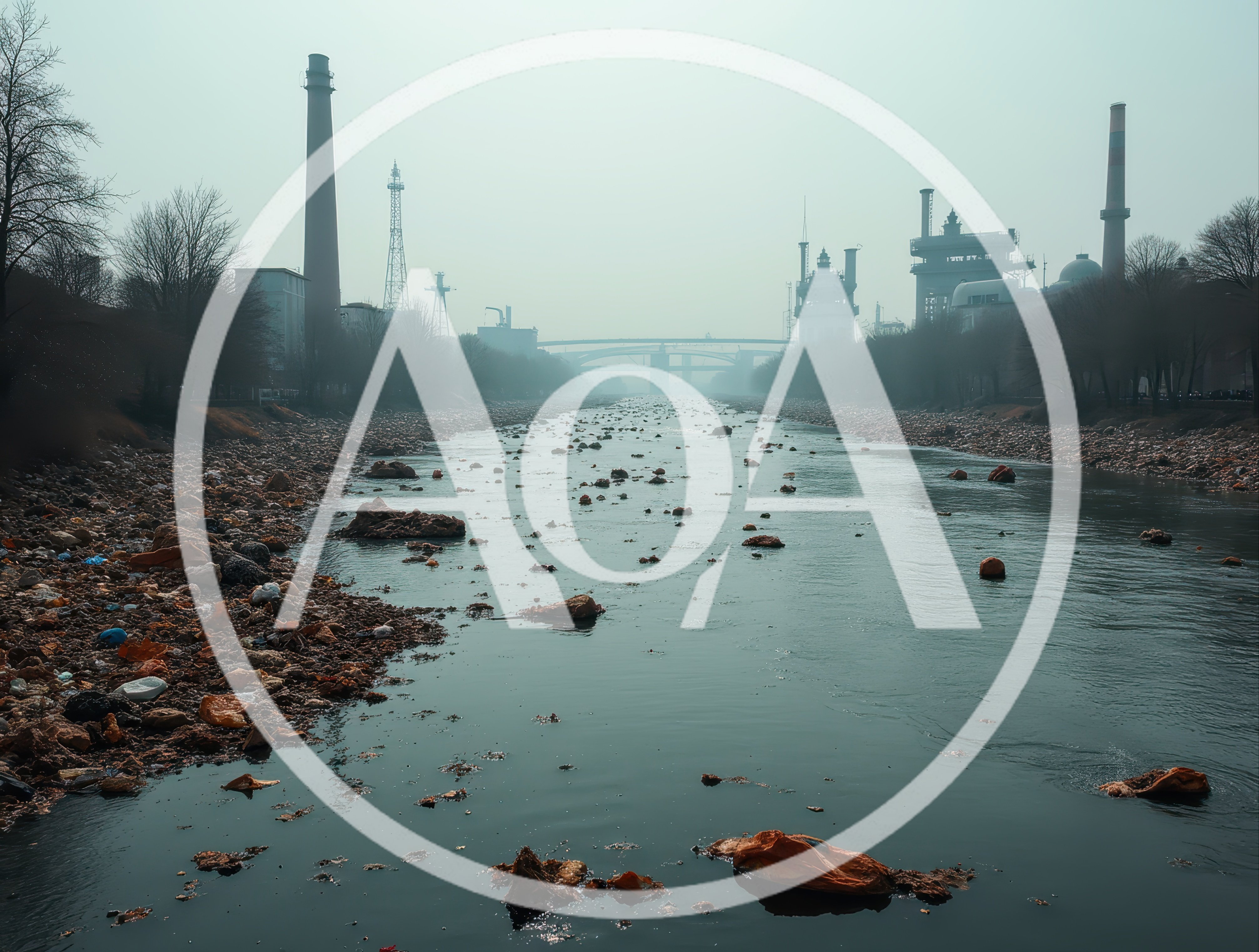 Polluted Industrial River With Industrial Plant Background