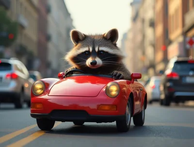 Cute Raccoon Driving A Red Sports Car