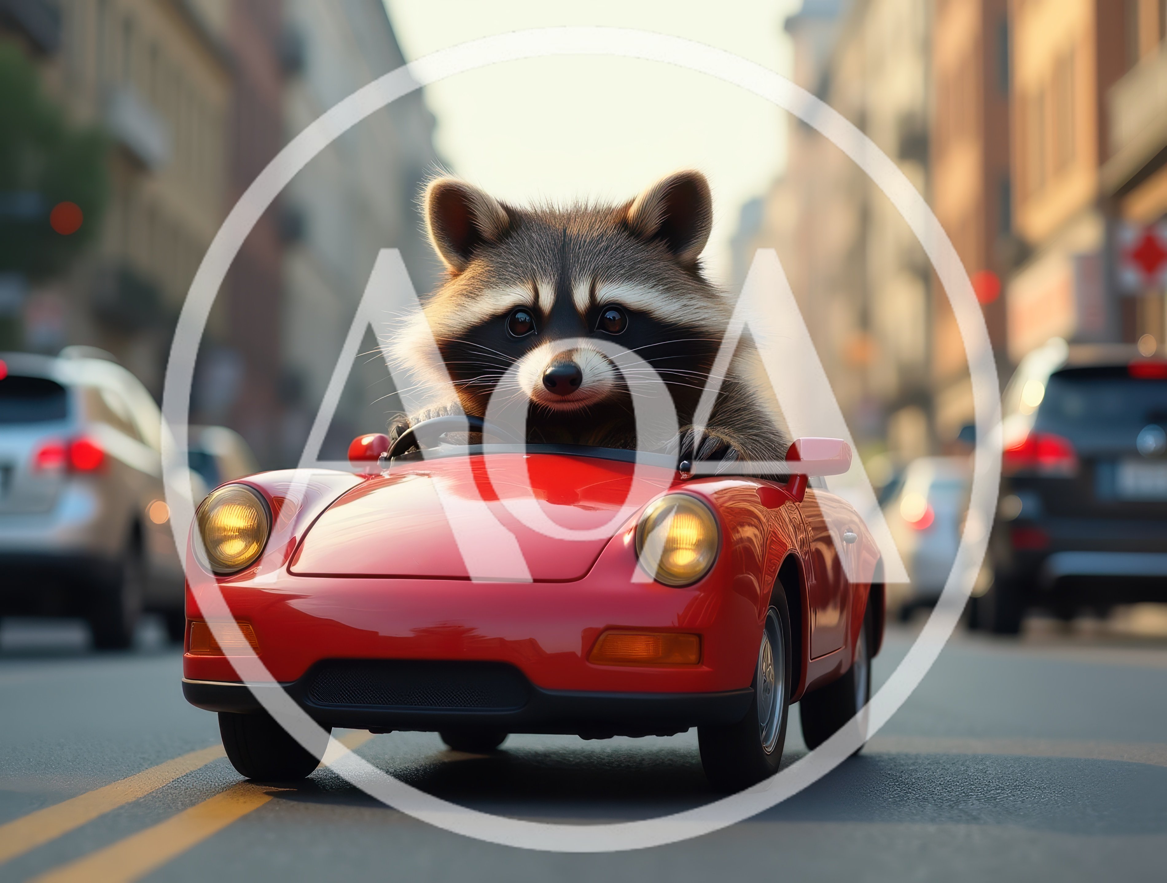 Cute Raccoon Driving A Red Sports Car