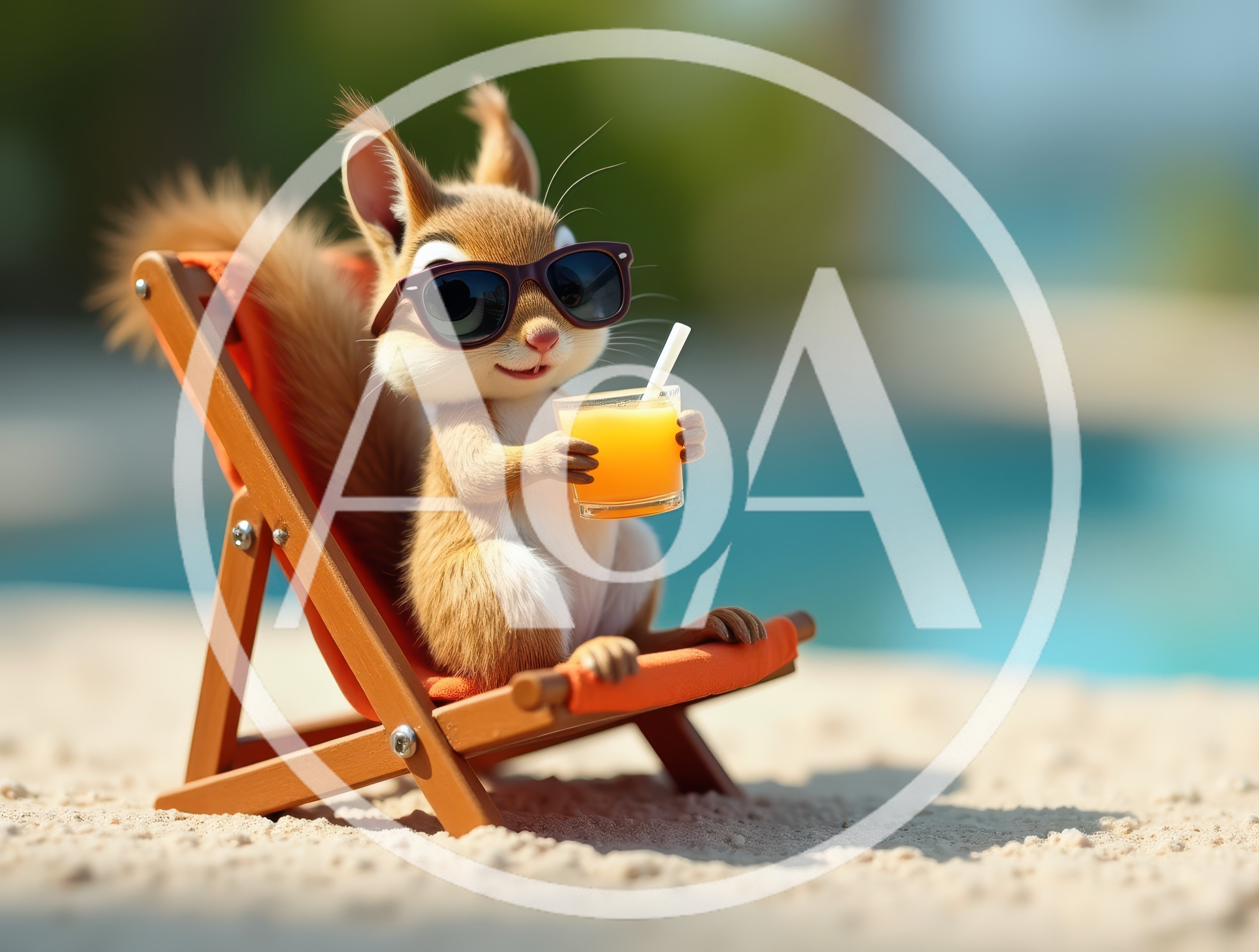 Cute Squirrel Relaxing on a Beach Chair with Juice