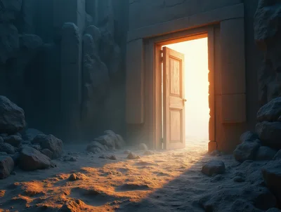 Open Wooden Door Leading To Bright Light In Cave