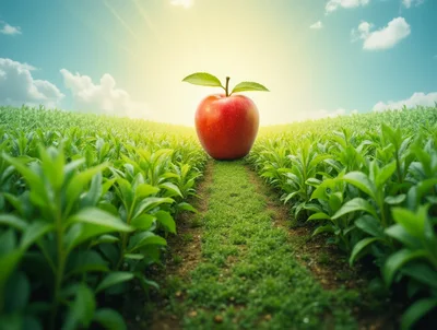 Giant Red Apple Sitting In A Lush Green Field