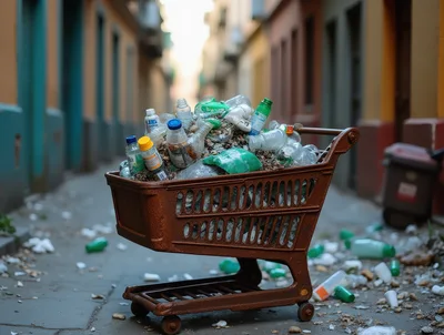 Rusty Shopping Cart Filled With Plastic Waste