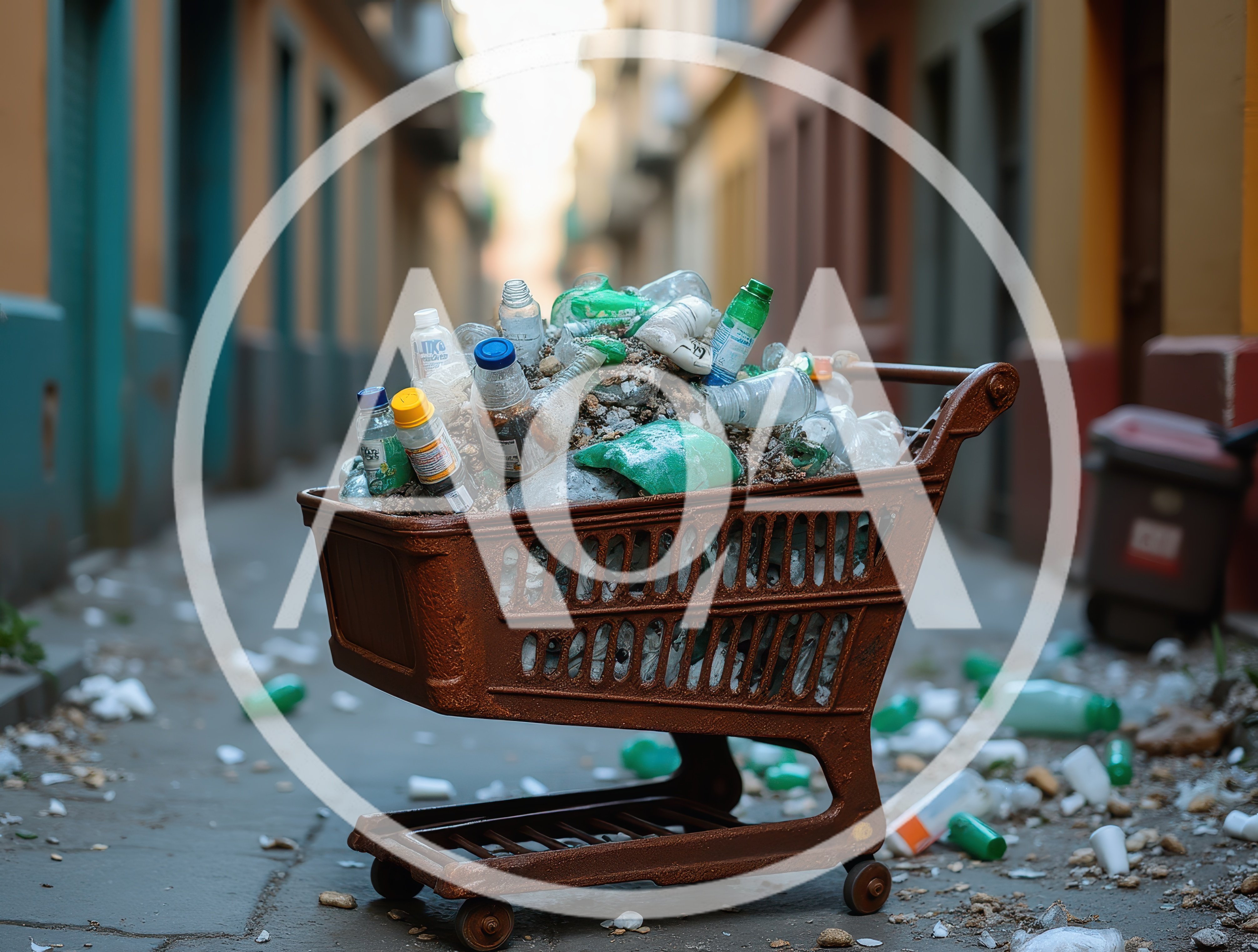 Rusty Shopping Cart Filled With Plastic Waste