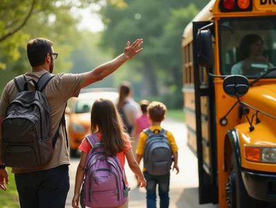 Father Waving Goodbye to Children Boarding School Bus