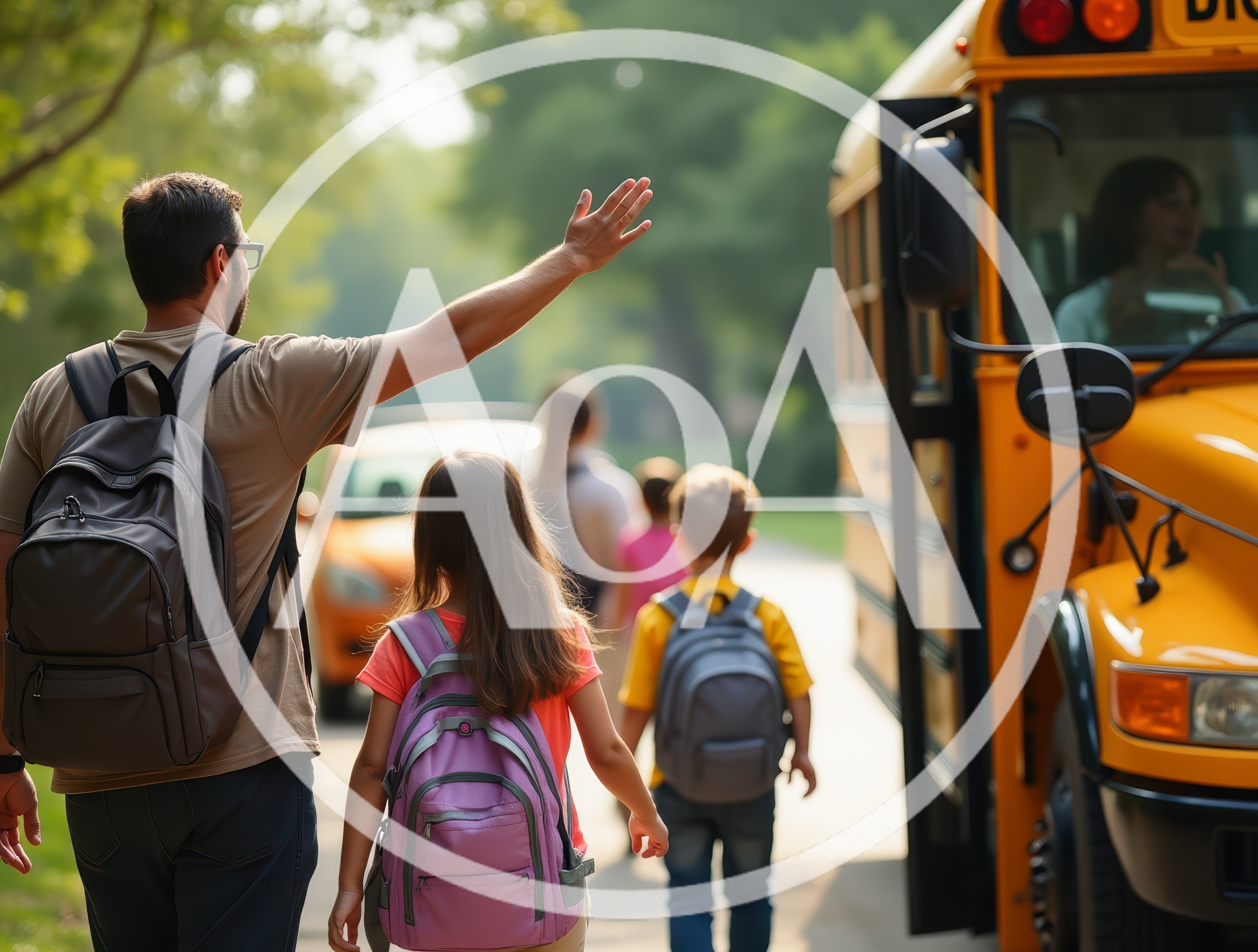Father Waving Goodbye to Children Boarding School Bus