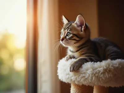 Tabby Kitten Resting On A Fluffy Cat Tree