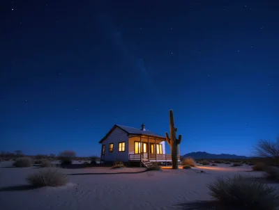 Small Desert Cabin Under A Starry Night Sky