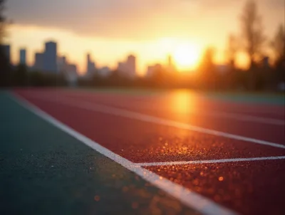 Running Track At Sunset With City Skyline Background