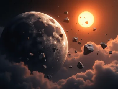Surreal Moon And Asteroid Field In Cloudy Sky