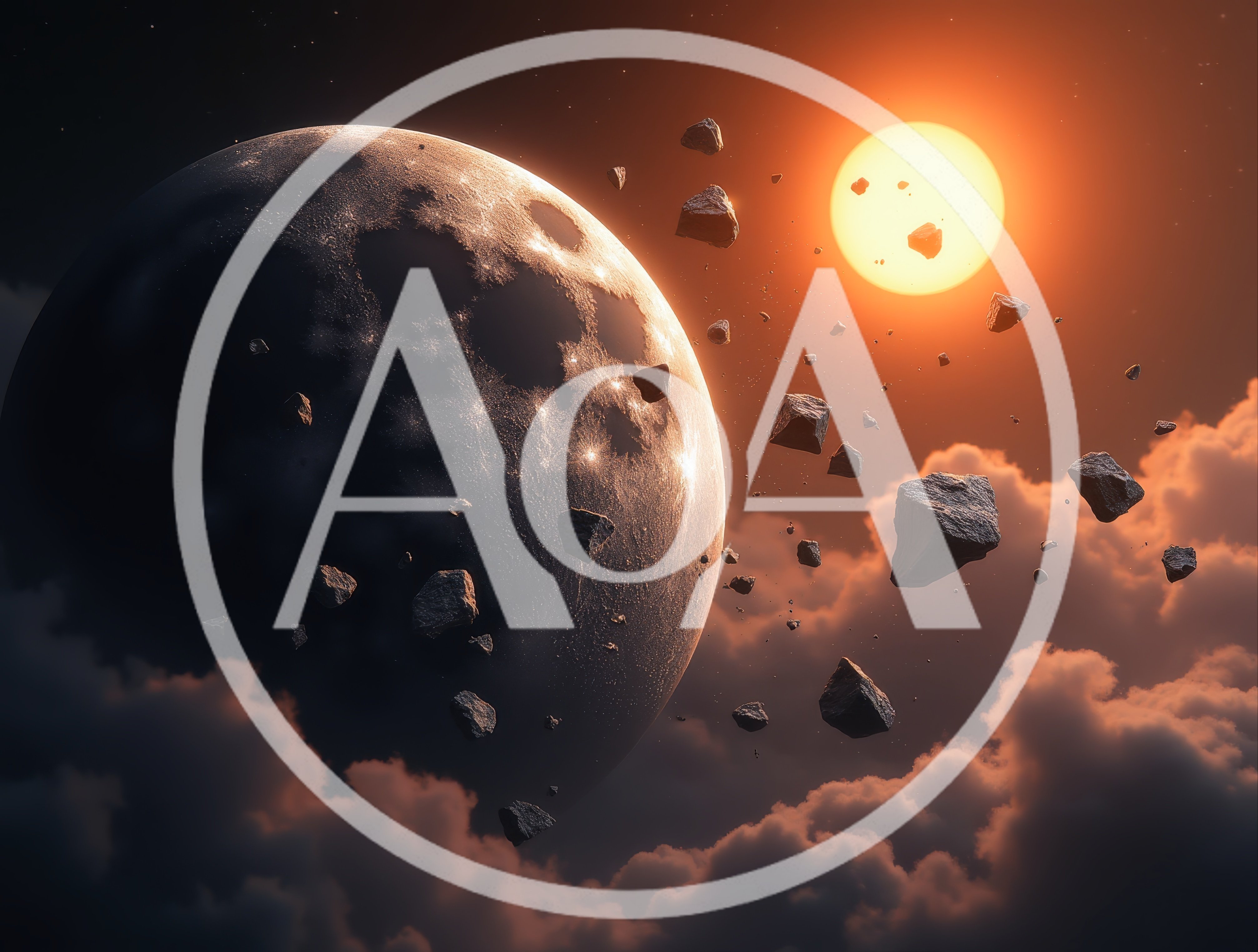 Surreal Moon And Asteroid Field In Cloudy Sky