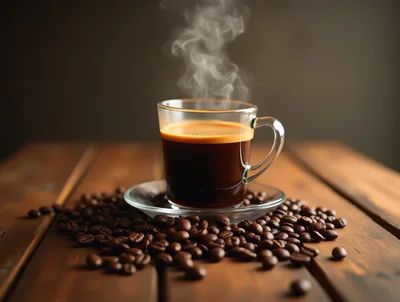 Steaming Cup Of Espresso On A Wooden Table