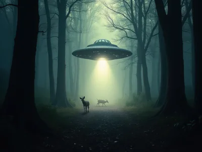 UFO Hovering Over Deer in a Misty Forest