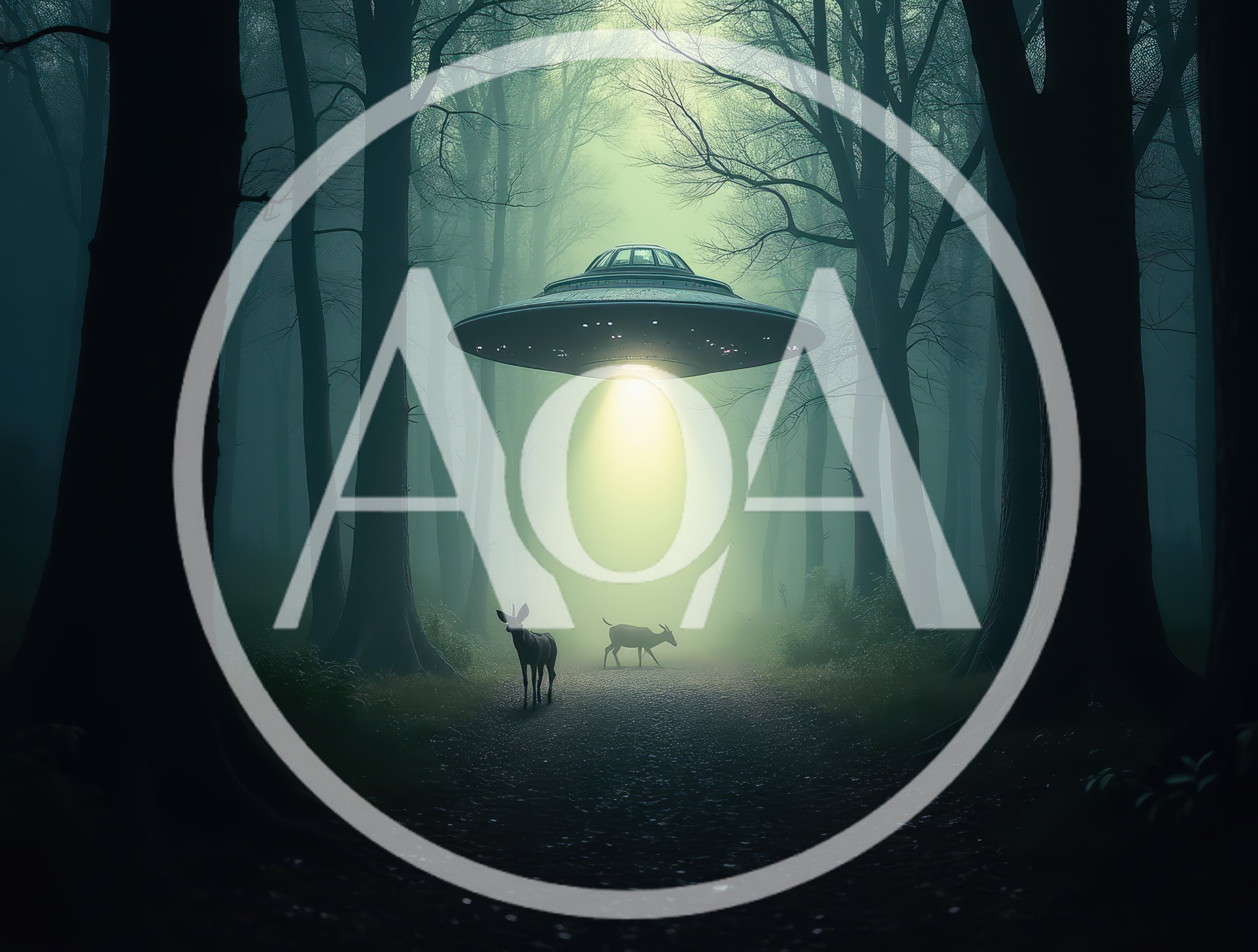 UFO Hovering Over Deer in a Misty Forest