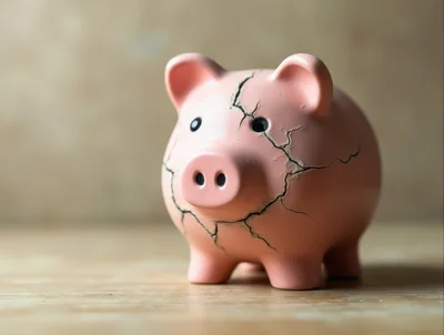 Cracked Pink Piggy Bank On Wooden Surface