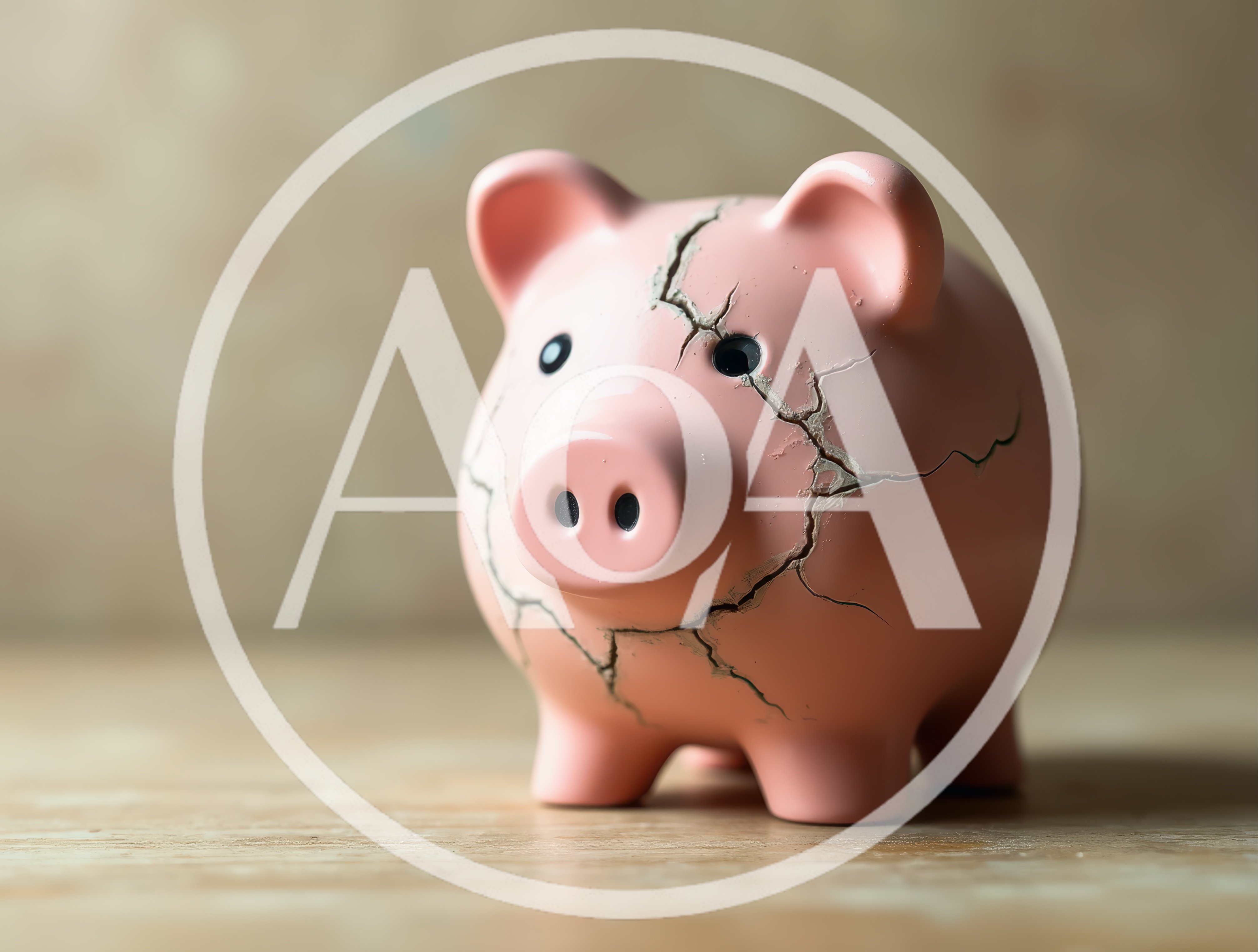 Cracked Pink Piggy Bank On Wooden Surface