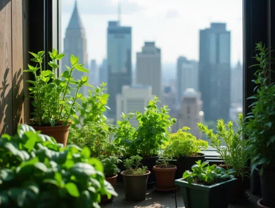 Potted Herb Garden on a Sunny City Apartment Windowsill