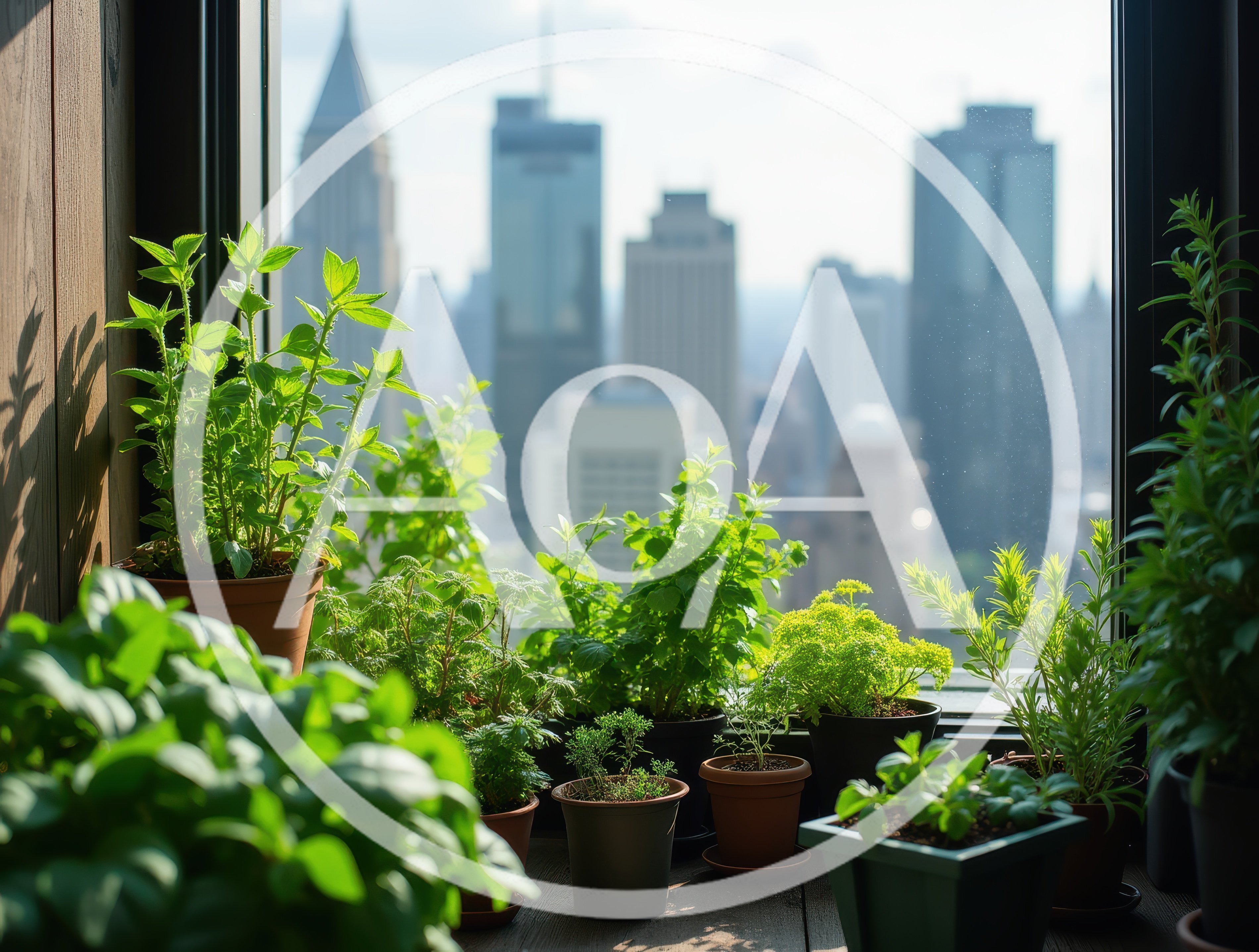 Potted Herb Garden on a Sunny City Apartment Windowsill