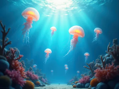 Bioluminescent Jellyfish Swimming In Deep Ocean Reef