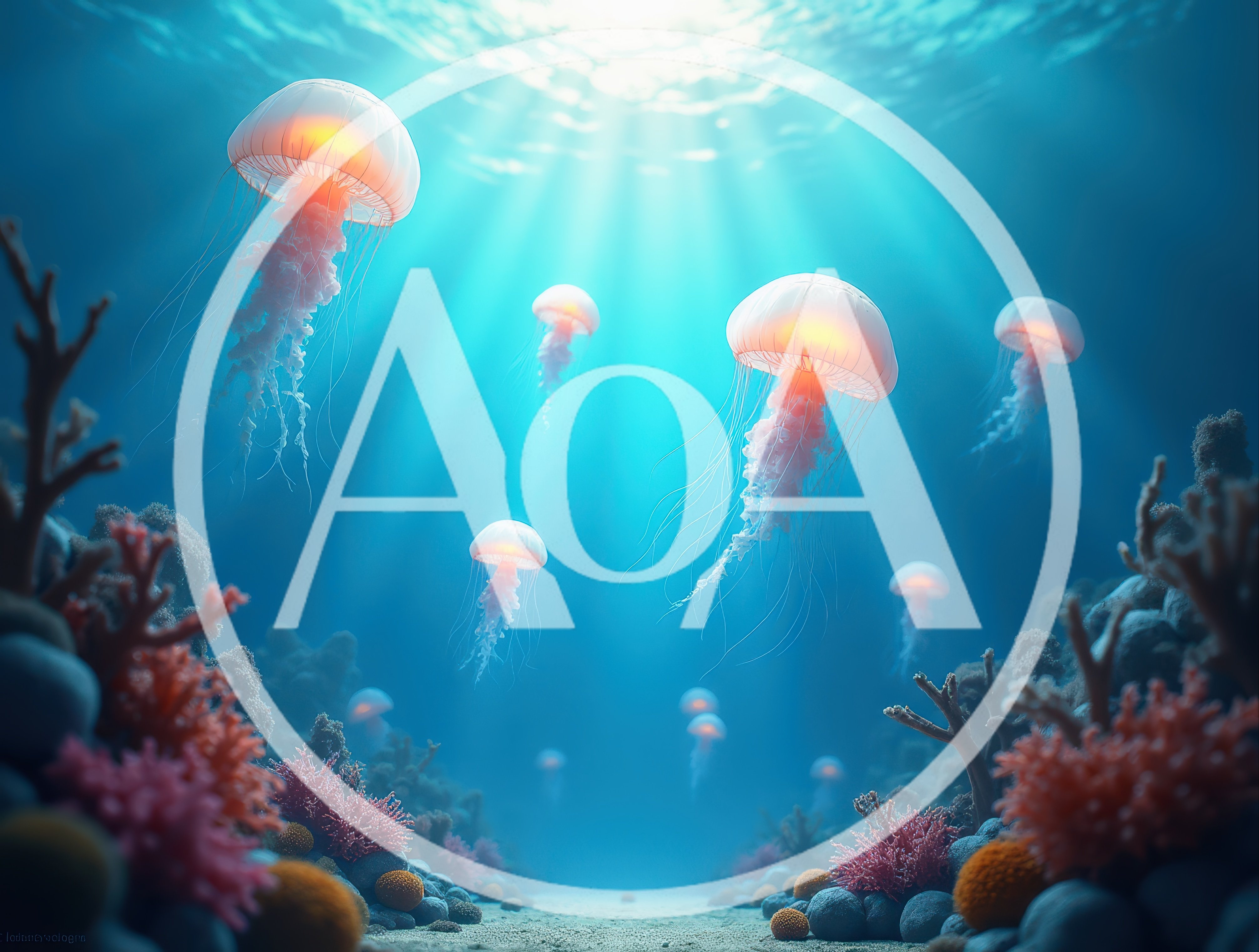 Bioluminescent Jellyfish Swimming In Deep Ocean Reef