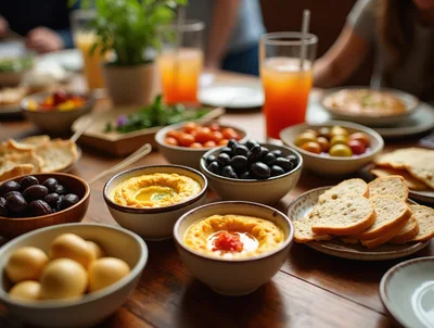 Mediterranean Mezze Platter Spread On Wooden Table