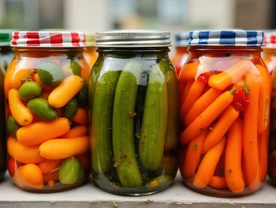 Three Glass Jars Filled With Pickled Vegetables