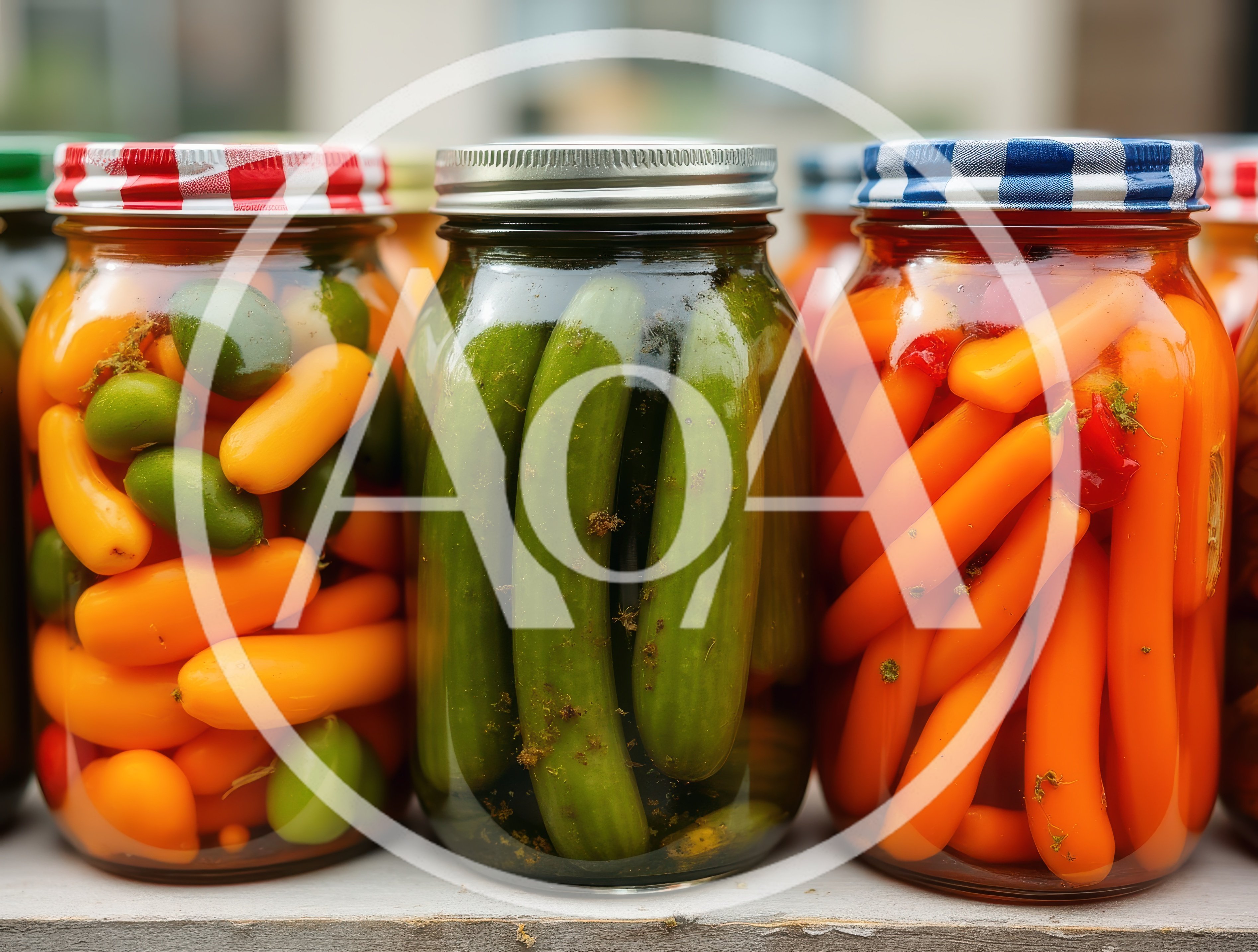 Three Glass Jars Filled With Pickled Vegetables