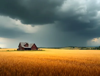 Red Barn In A Golden Wheat Field Under Stormy Skies